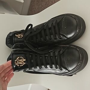 Roberto Cavalli Black High Leather Sneakers Size EU 40 Made in Italy Mens US 7